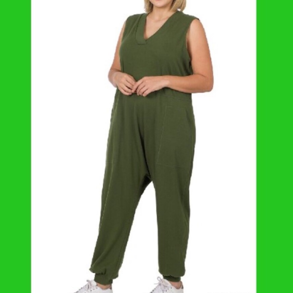 Zenana Harem V Neck Onesie With Pockets In Army Green. NWT! Sz 1X, 2X, 3X